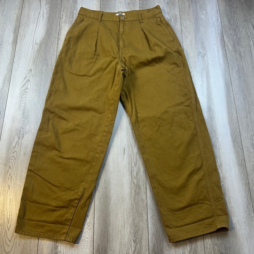 Uniqlo Denim Pleated Trousers Womens 29x30 Mustard Yellow Pants Baggy Loose